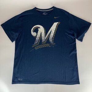 Milwaukee Brewers MLB Navy Blue Nike Dri Fit Athletic Crewneck Shirt Mens XL